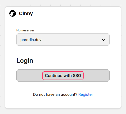 Cinny's login screen, with "Continue with SSO" highlighted