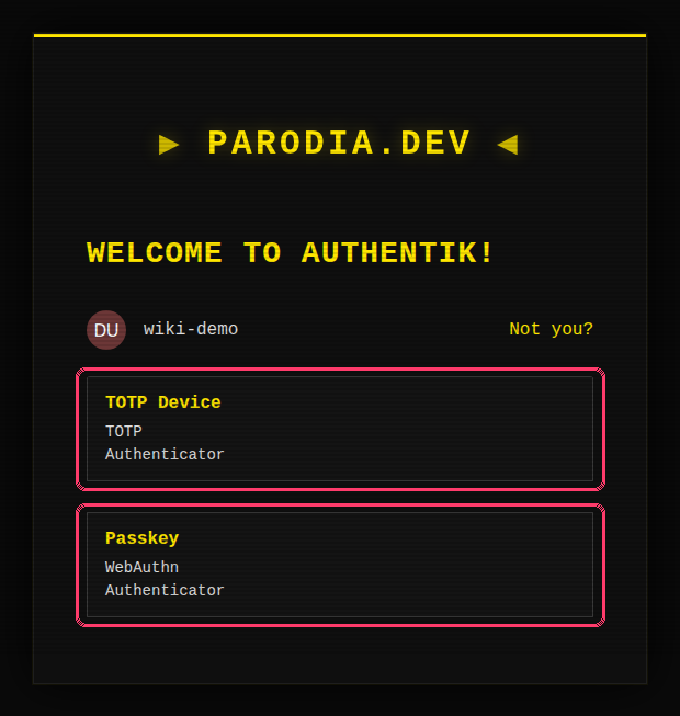 The two-factor choice: "TOTP Device" (authenticator app) and "Passkey"