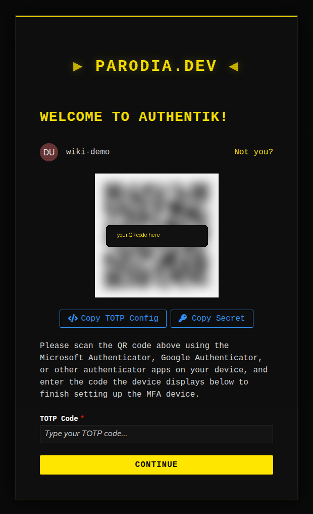 The authenticator-app setup page (QR code blurred)
