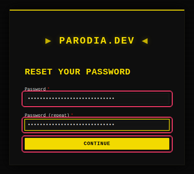The new-password page, with both password boxes and Continue highlighted
