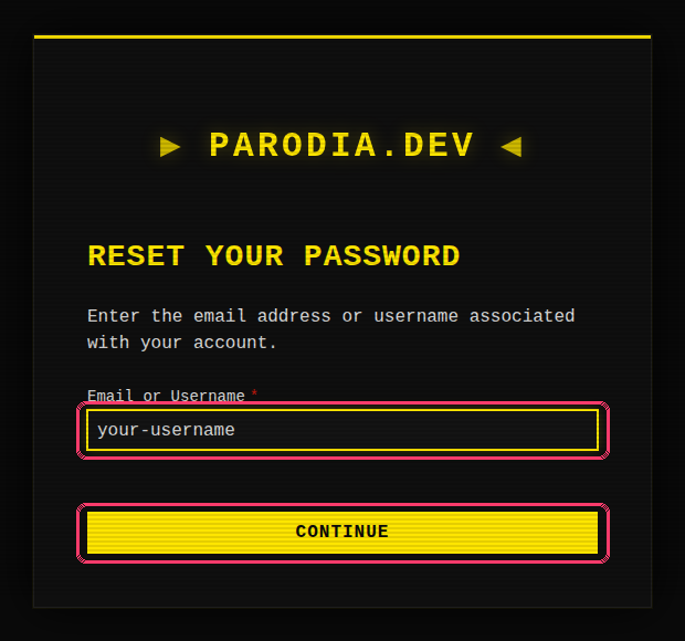 The reset page, with the username box and Continue button highlighted